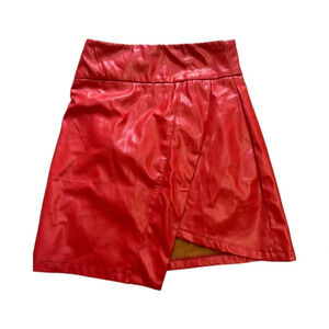 Shein Red Pleather Mini Skirt Size XS Front Slit Side Zipper